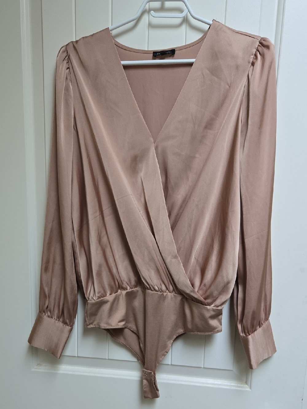 Dynamite Medium Blush Light Brrown Dark Beige  Wrap-Front Satin Bodysuit